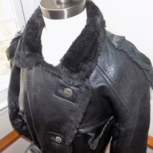 Genuine Leather Black Fur Vintage Coat Women's Size M - Picture 4 of 7